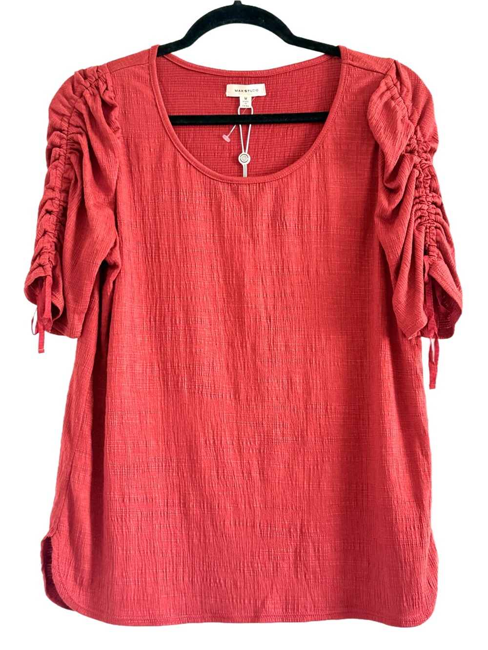 Max Studio Coral Red Ruched-Sleeve Tunic Top